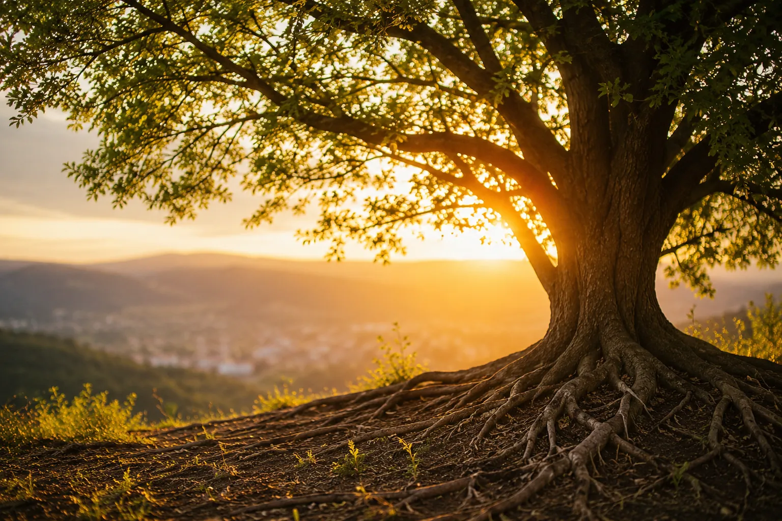 Árbol con raíces al atardecer, símbolo de nuevos comienzos y comunidad migrante